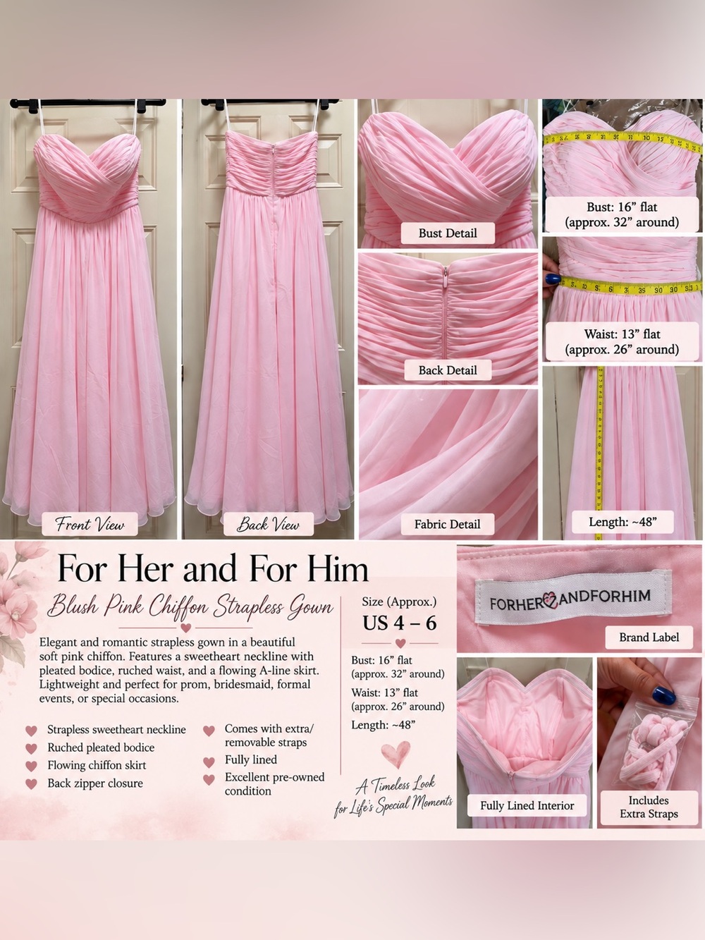 For Her and For Him Blush Pink Chiffon Strapless Sweetheart Maxi Gown US 4-6